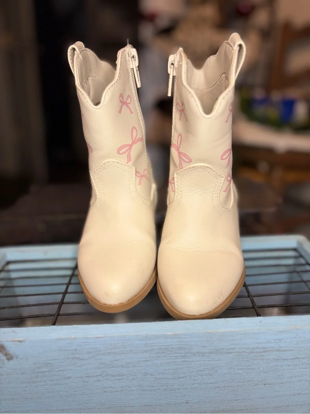 Wonder Nation Girls' White Pink Western Boots Bow Accents Block Heel Size 8